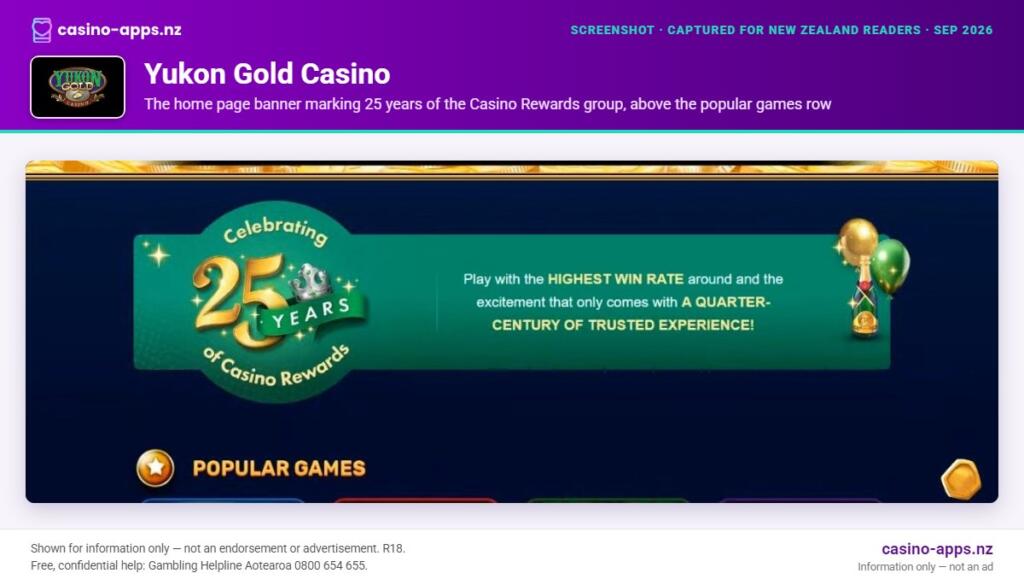 Yukon Gold Casino home page section showing what the casino offers, captured for New Zealand players (September 2026)