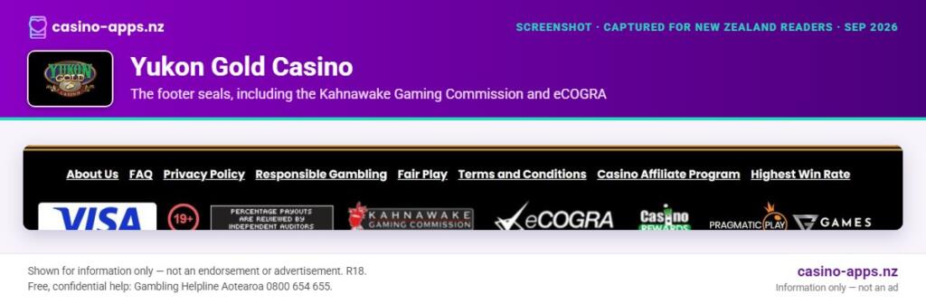 Yukon Gold Casino licence and operator details shown on its website, reviewed for New Zealand players (September 2026)
