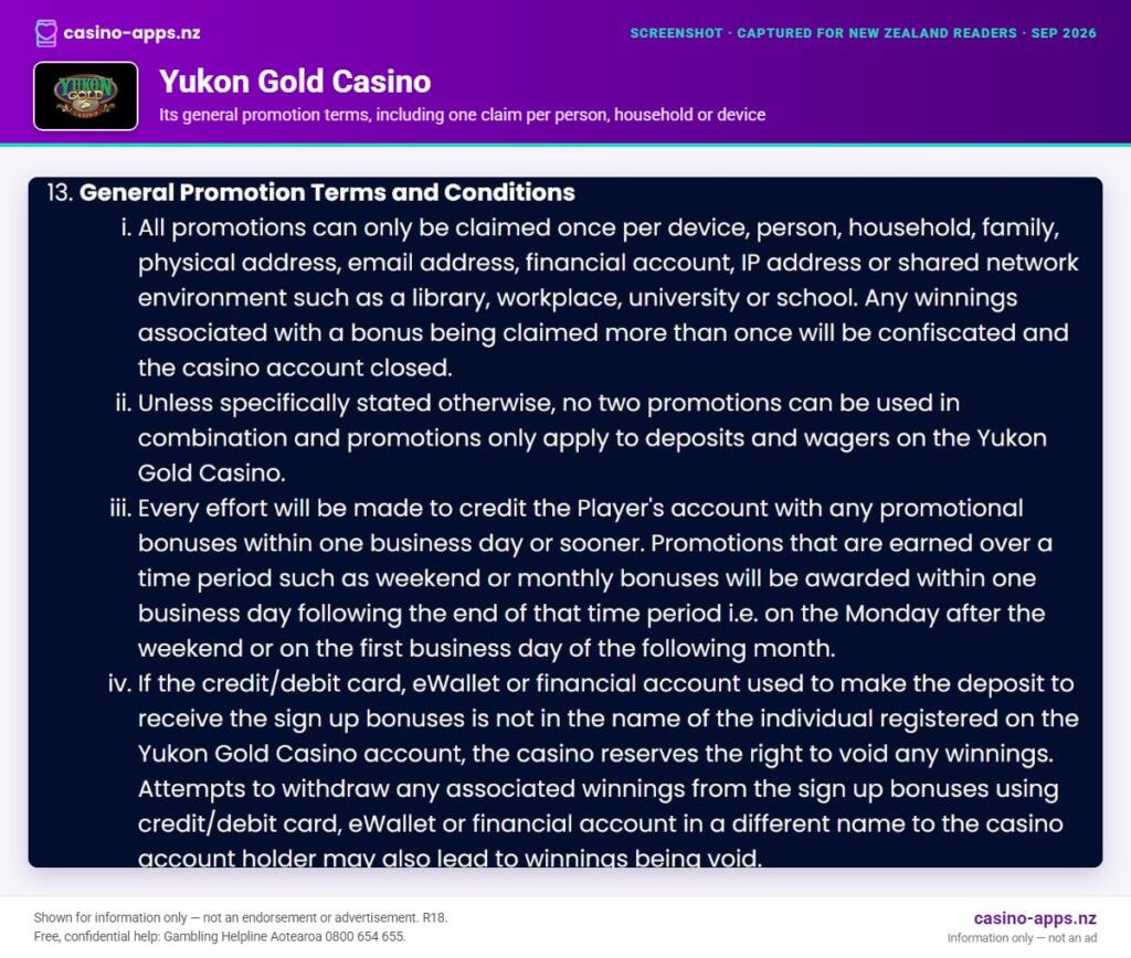 Yukon Gold Casino bonus and wagering terms, reviewed for New Zealand players (September 2026)