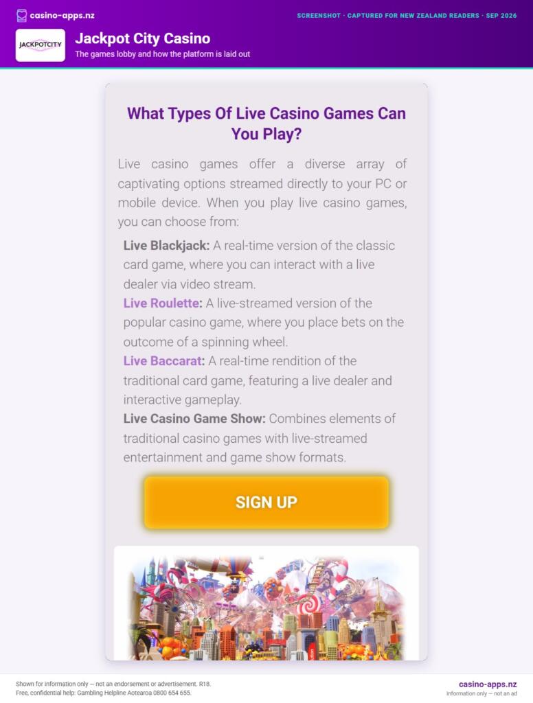 Jackpot City Casino games lobby and platform layout as seen by New Zealand players (September 2026)