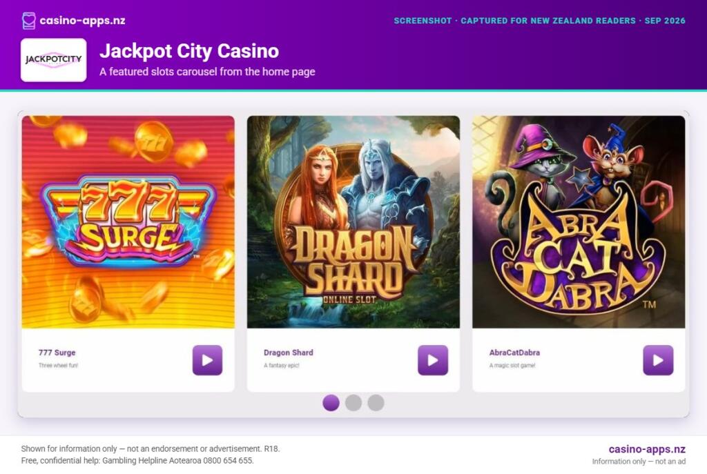 Jackpot City Casino home page section showing what the casino offers, captured for New Zealand players (September 2026)