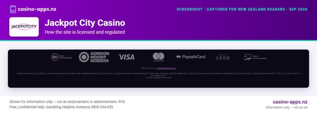 Jackpot City Casino licensing and regulatory details, reviewed for New Zealand players (September 2026)