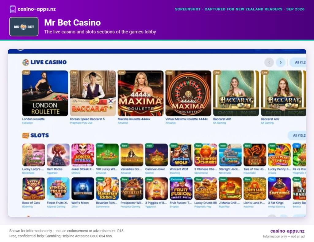 Mr Bet Casino games lobby as it appears in a desktop browser, captured for New Zealand players (September 2026)