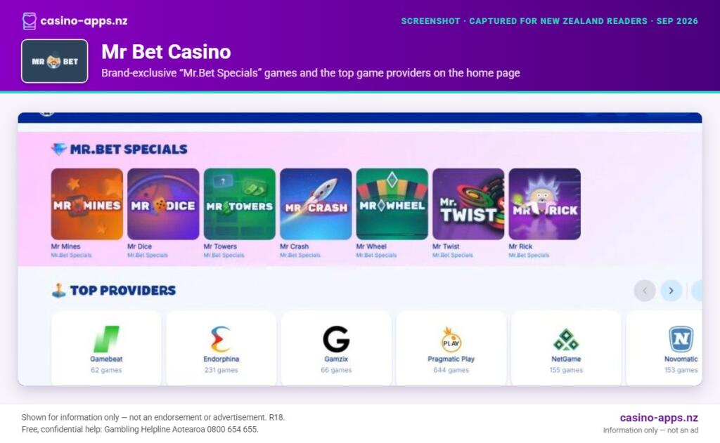 Mr Bet Casino home page section showing what the casino offers, captured for New Zealand players (September 2026)