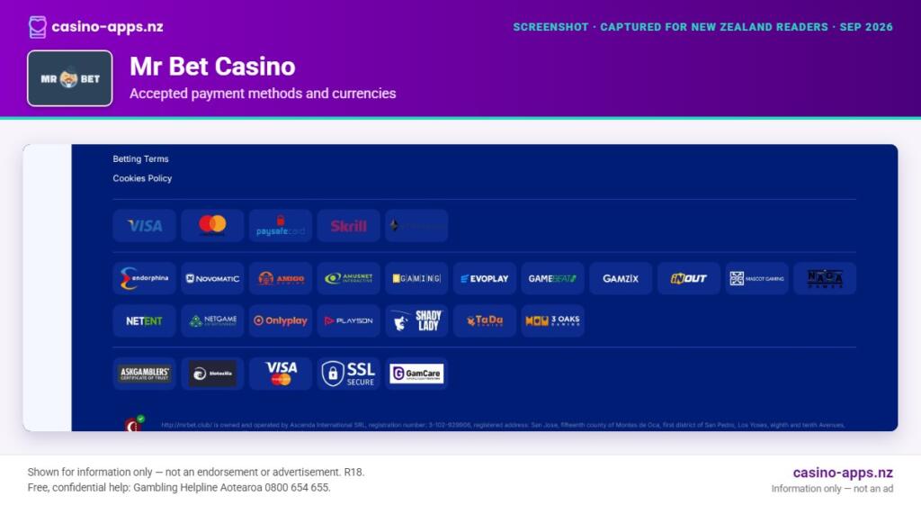 Mr Bet Casino payment methods and currency options for New Zealand players (September 2026)