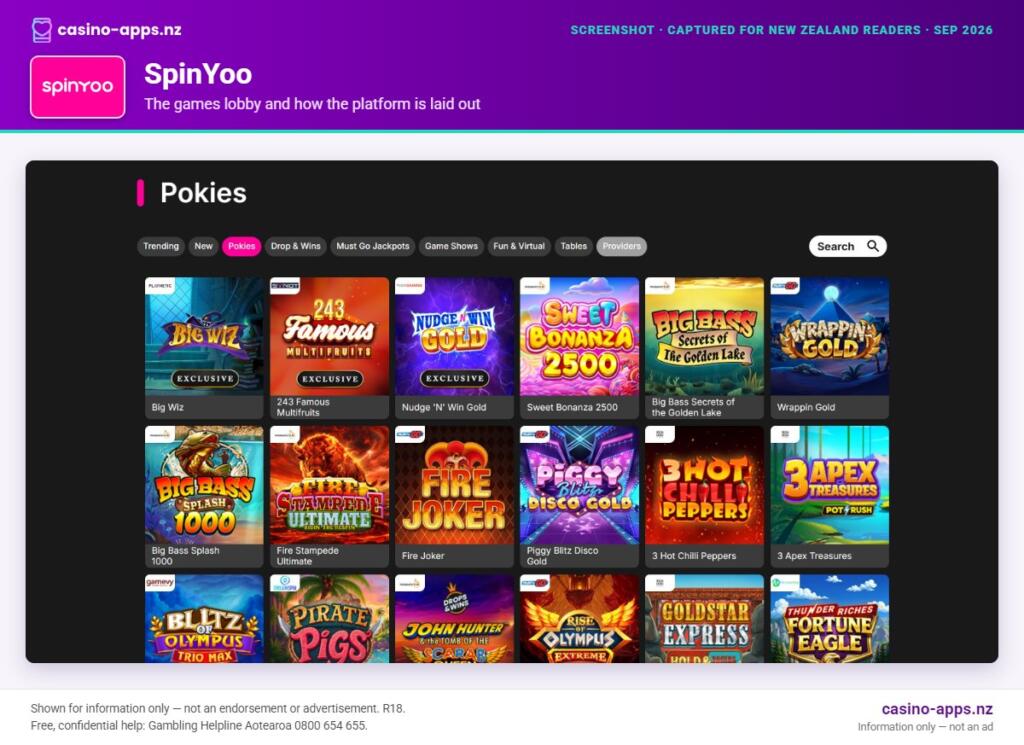SpinYoo Casino games lobby and platform layout as seen by New Zealand players (September 2026)