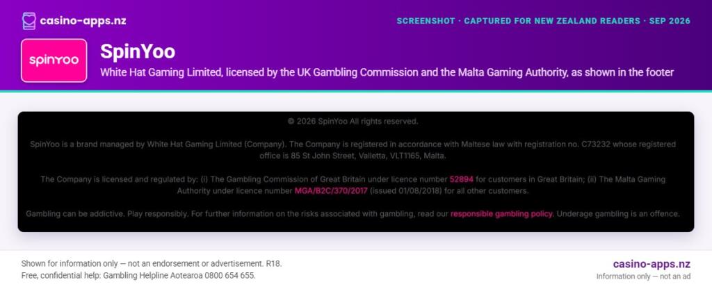 SpinYoo Casino licence and operator details shown on its website, reviewed for New Zealand players (September 2026)