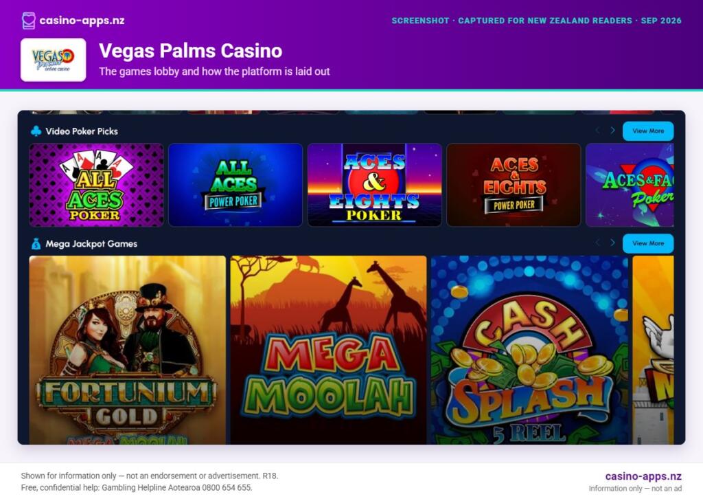 Vegas Palms Casino games lobby and platform layout as seen by New Zealand players (September 2026)