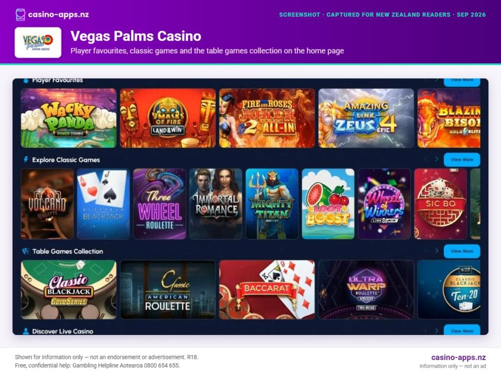 Vegas Palms Casino home page section showing what the casino offers, captured for New Zealand players (September 2026)