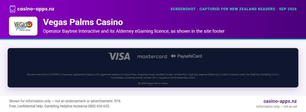 Vegas Palms Casino licence and operator details shown on its website, reviewed for New Zealand players (September 2026)