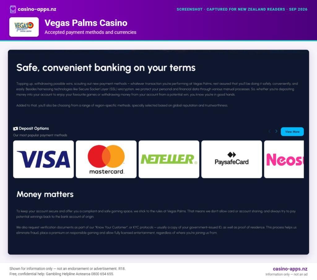 Vegas Palms Casino payment methods and currency options for New Zealand players (September 2026)