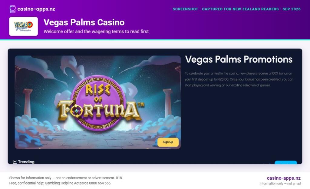 Vegas Palms Casino welcome bonus and wagering terms, explained for New Zealand players (September 2026)