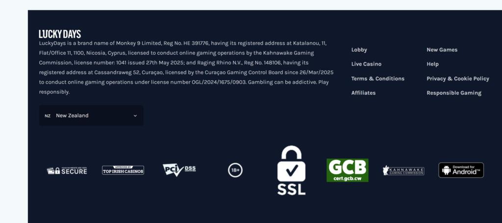 Lucky Days Casino licensing and regulatory details, reviewed for New Zealand players (September 2026)