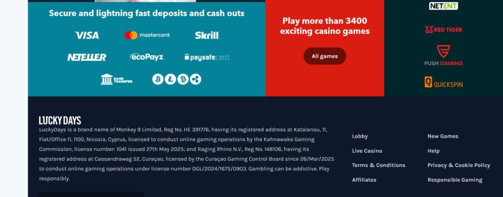 Lucky Days Casino payment methods and currency options for New Zealand players (September 2026)
